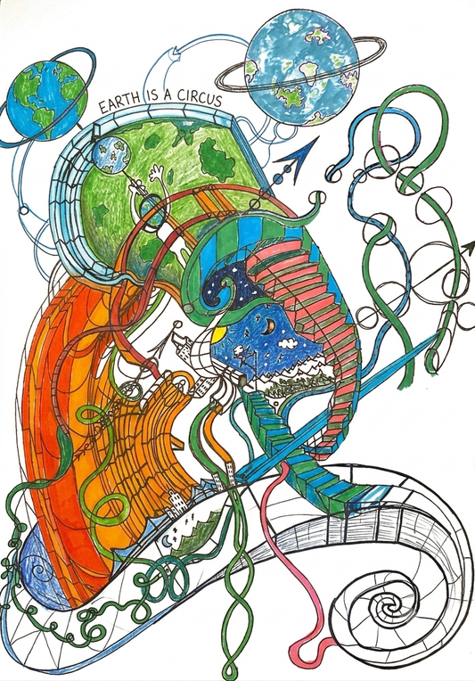 A colorful line-art illustration featuring stylized Earth-like globes, swirling abstract lines, and the text 'EARTH IS A CIRCUS' on a white background.