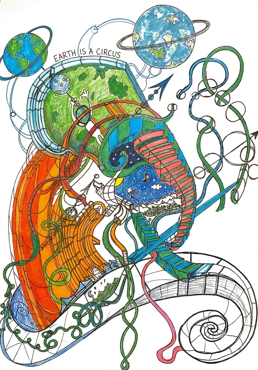 A colorful line-art illustration featuring stylized Earth-like globes, swirling abstract lines, and the text 'EARTH IS A CIRCUS' on a white background.