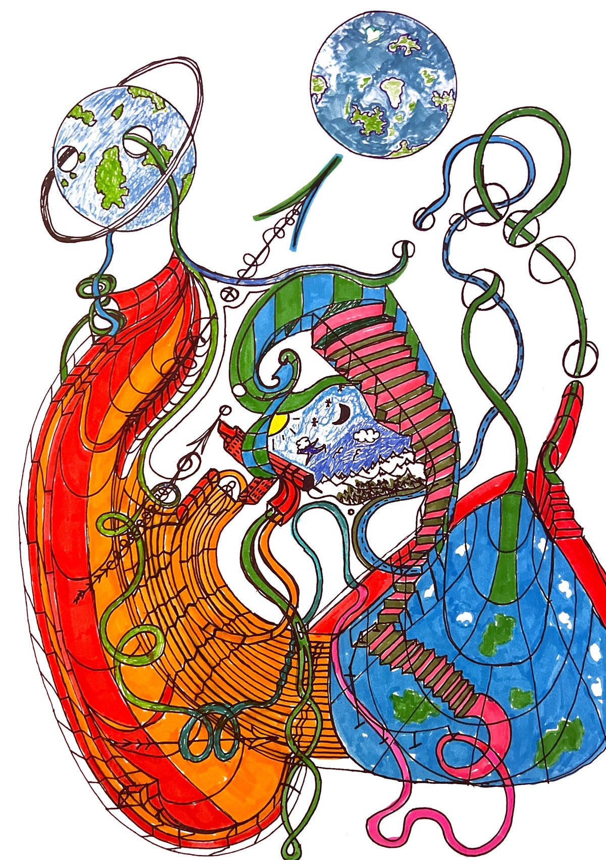 Cosmic Connections – An Original Hand-Drawn Space Art & Its Vibrant Full-Color Enhancement