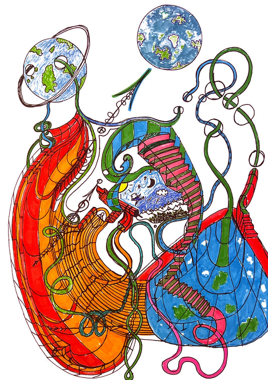 Cosmic Connections – An Original Hand-Drawn Space Art & Its Vibrant Full-Color Enhancement
