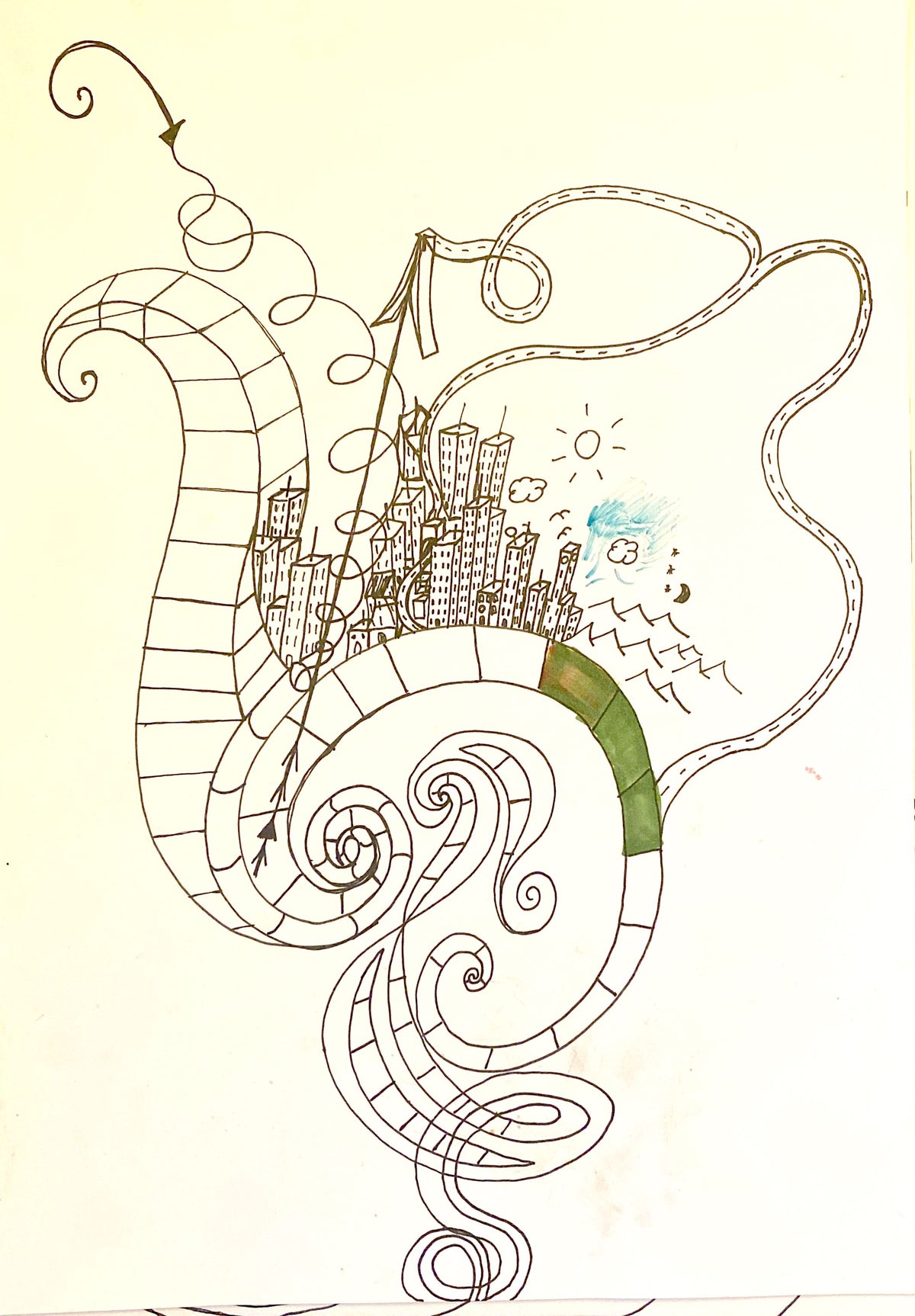 A hand-drawn abstract illustration on a cream background, featuring swirling black line art, a stylized cityscape with buildings and a sun, and a green curved accent.