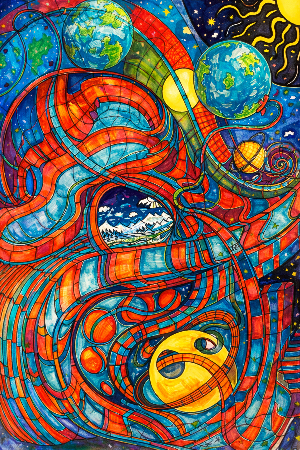 A vibrant, colorful abstract artwork featuring swirling red and blue patterns, stylized planets, a yellow sun, and a small mountain landscape scene, rendered in a stained-glass-like design.