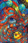 A vibrant, colorful abstract artwork featuring swirling red and blue patterns, stylized planets, a yellow sun, and a small mountain landscape scene, rendered in a stained-glass-like design.