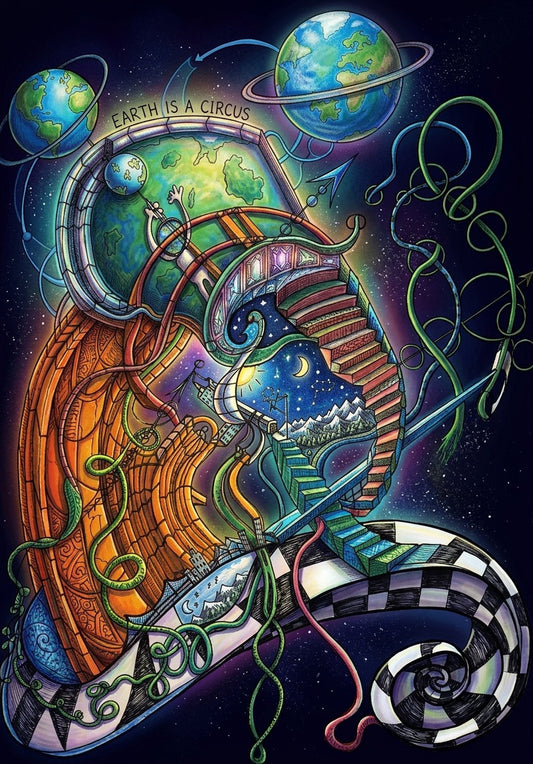 A surreal cosmic illustration featuring a large orange-brown winged form, multiple Earth-like planets, a snake head with a staircase and moon inside, and green vines across a dark starry background. The words 'EARTH IS A CIRCUS' appear near the top.