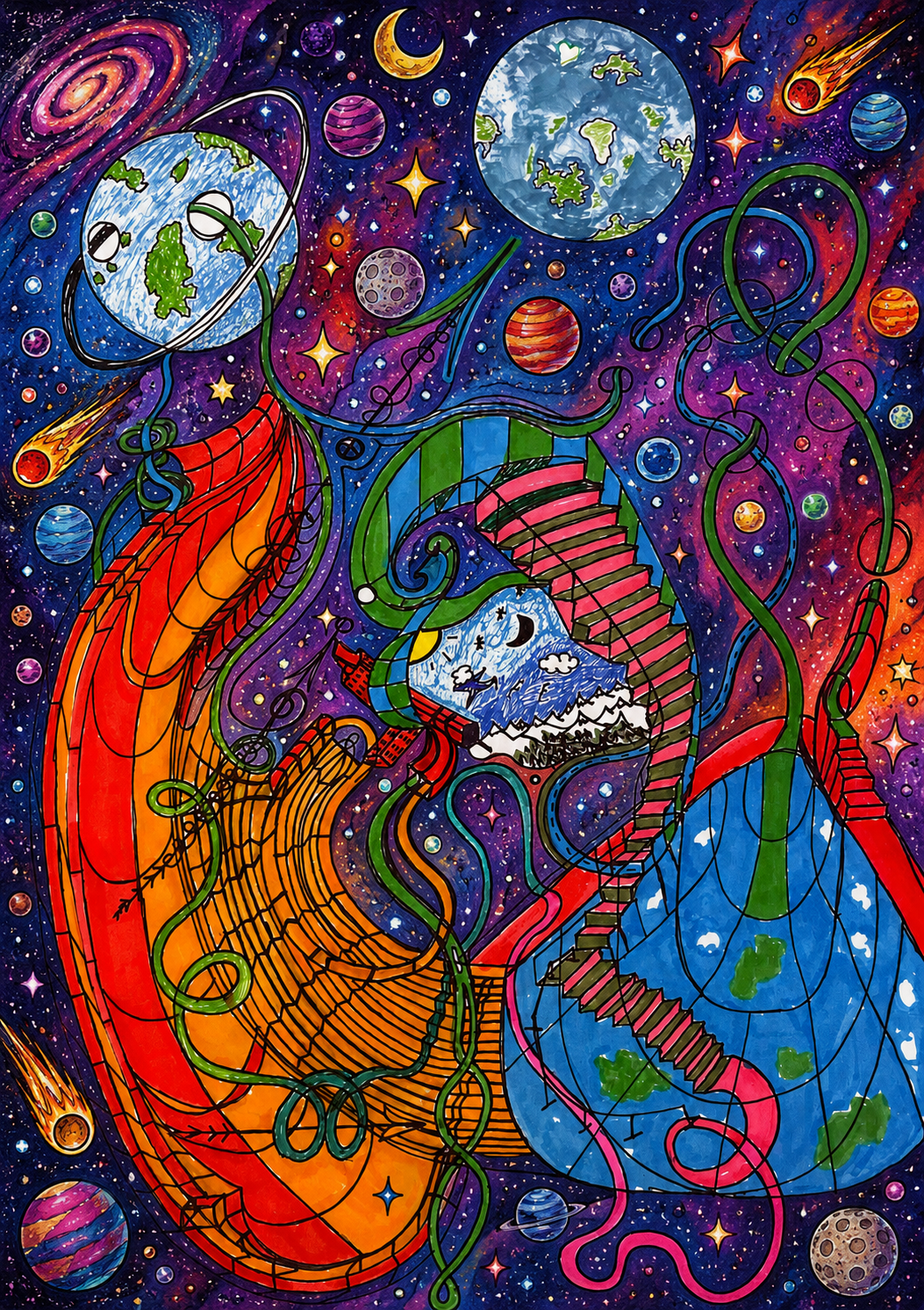 Cosmic Connections – An Original Hand-Drawn Space Art & Its Vibrant Full-Color Enhancement