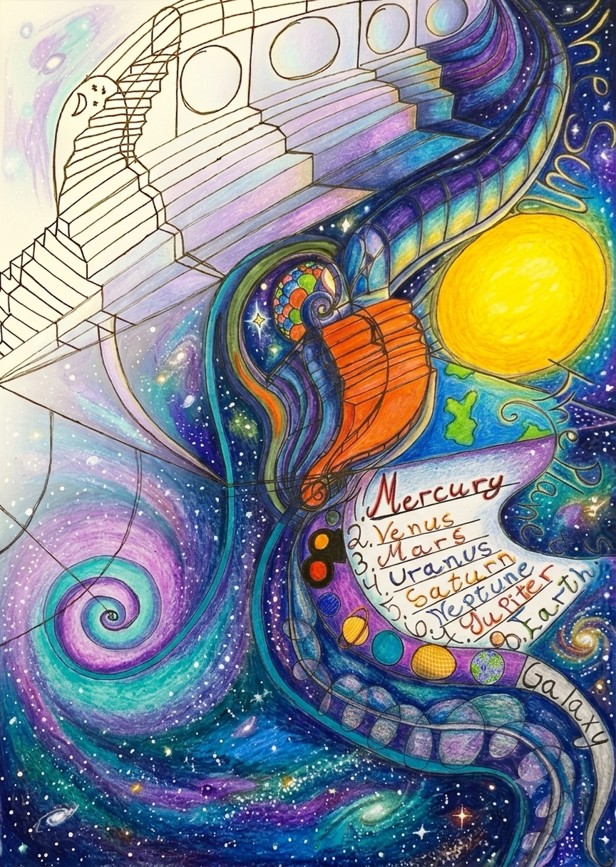 A colorful cosmic illustration featuring a stylized snake wrapped around a scroll listing planetary names, with a large yellow sun, swirling purple and blue galaxy-like background, and a black-and-white architectural line drawing in the upper left.