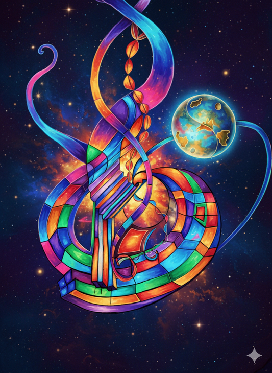 Vibrant stained-glass-style abstract artwork featuring a central multicolored spiral structure with glowing orange, blue, green, and purple tones, set against a starry space background with a small glowing planet.